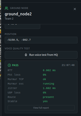 Per-node voice quality test: PASS — Murmur up, route present and stable, 0% loss, jitter ~1.6 ms.